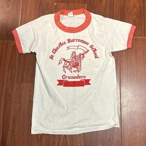 Vintage 60s 70s Art Flo St. Charles Borromeo School Ringer Shirt Size Youth 14